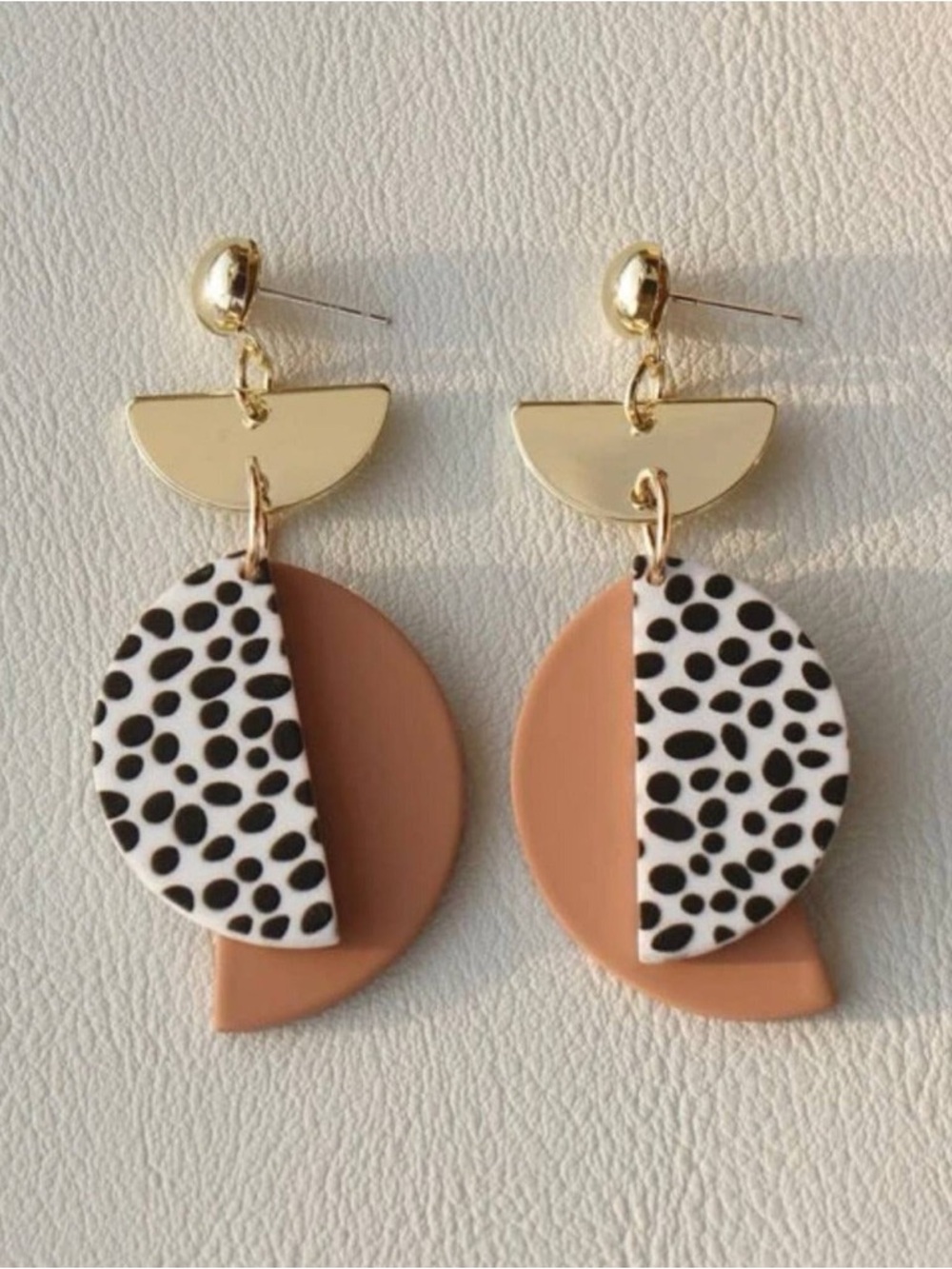 Gold & Tan Modern Geo Drop Earrings with Black Speckle Accent